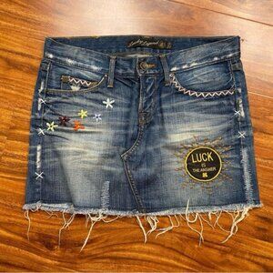 Lucky Brand Y2K Zoe Embroidered Patchwork Denim Mini Skirt Size 00 Boho Western